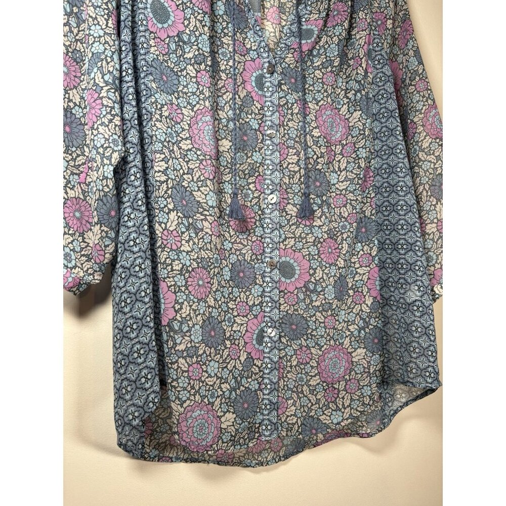 J. JILL Floral Sheer 3/4 Sleeve Blouse Blue Tie Size Medium Boho Cottagecore‎ - Picture 3 of 8